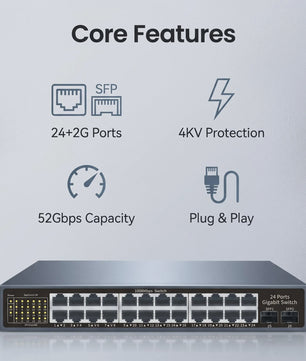 24-Poorts Gigabit Netwerk Switch met 2 SFP Poorten, 52Gbps Bandbreedte & Bliksembeveiliging