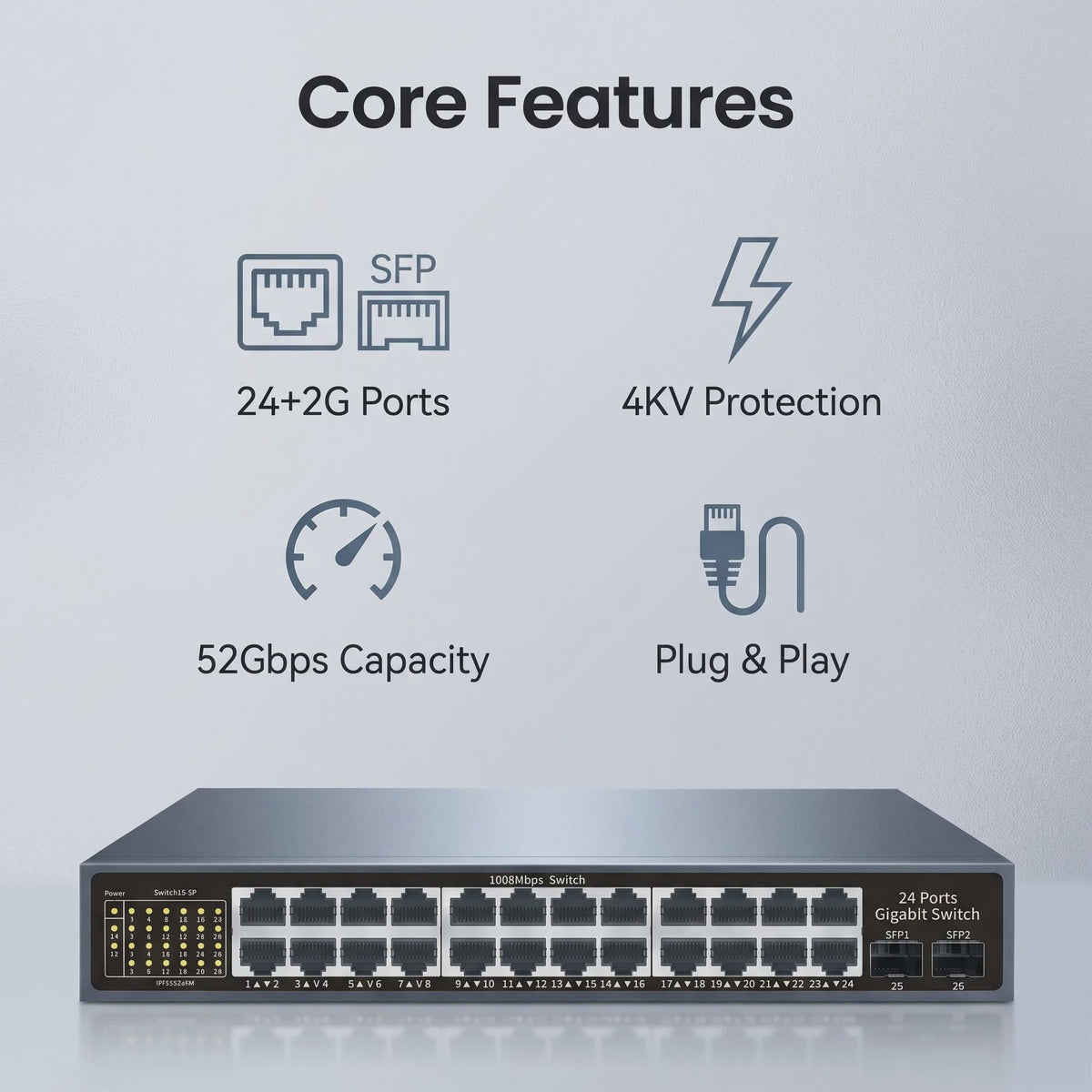 24-Poorts Gigabit Netwerk Switch met 2 SFP Poorten, 52Gbps Bandbreedte & Bliksembeveiliging