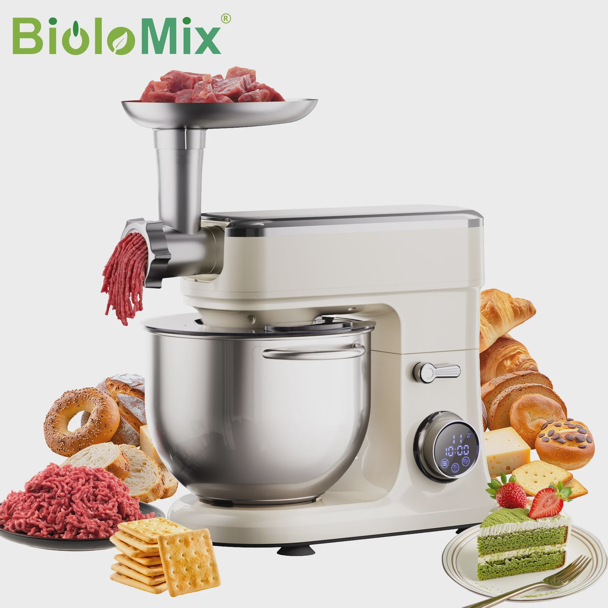 BioloMix Keukenmachine 7L - 1200W Krachtig, Met Deegmixer, Garde, Klopper & Gehaktmolen
