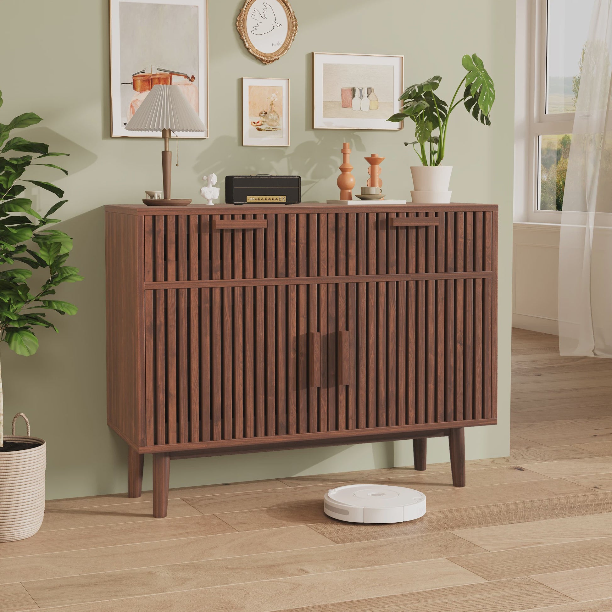 Mid-Century Houten Buffetkast met 2 Lades en 2 Deuren - Stijlvolle Console voor Woonkamer of Hal
