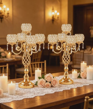 Gouden 5-armige Kristallen Kandelaar met Gedraaide Voet - Luxe Tafeldecoratie