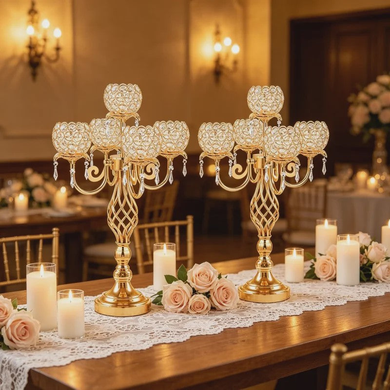 Gouden 5-armige Kristallen Kandelaar met Gedraaide Voet - Luxe Tafeldecoratie