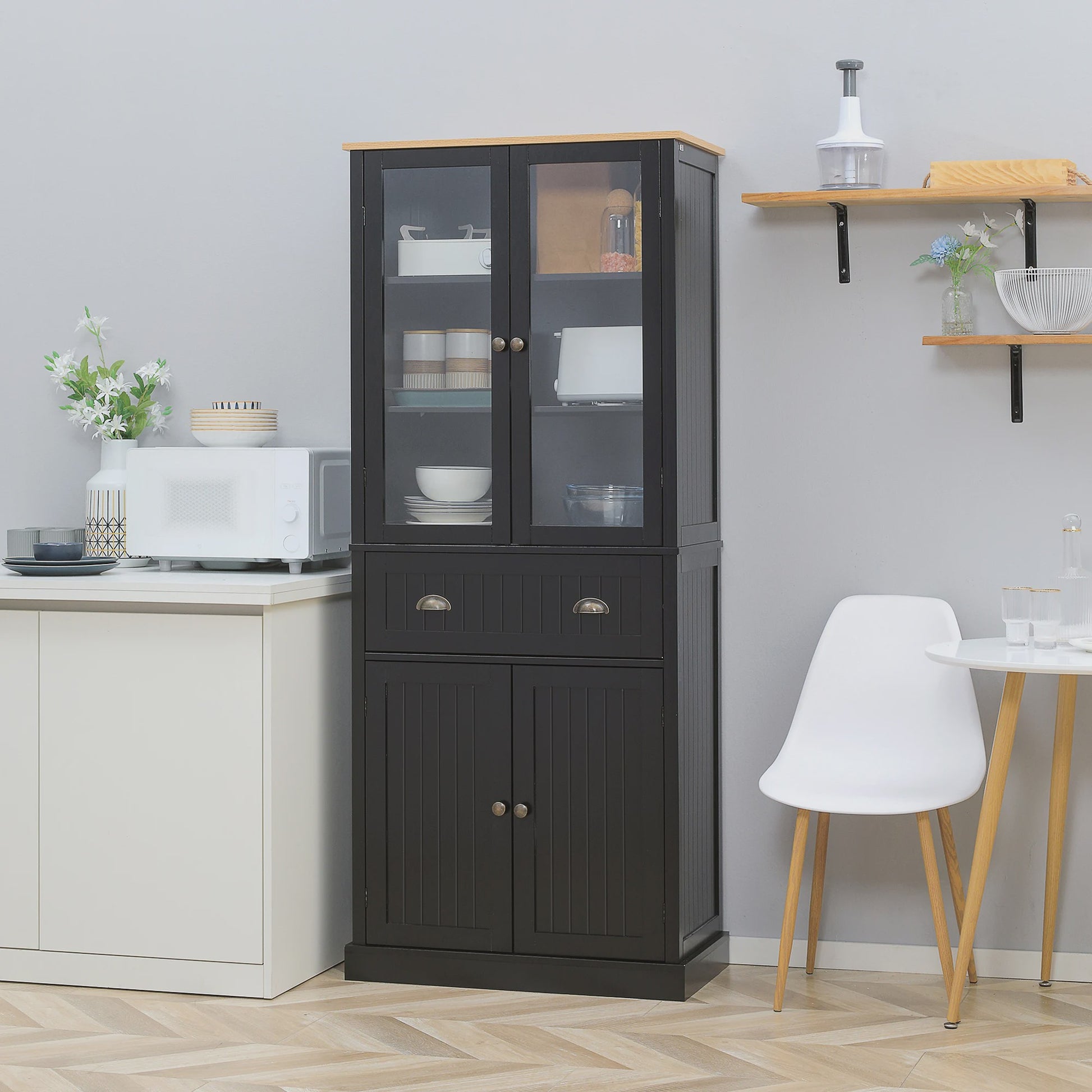 HOMCOM Keukenbuffet Zwart met Glazen Deuren en Verstelbare Plank - Stijlvolle Keukenopberger
