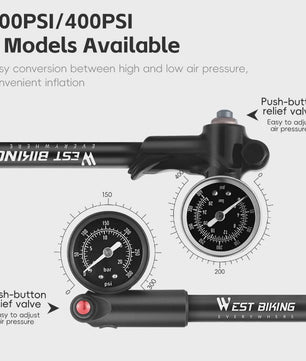 WEST BIKING Hoge Druk Fiets Pomp 300/400PSI met Manometer - Draagbaar voor Voorvork