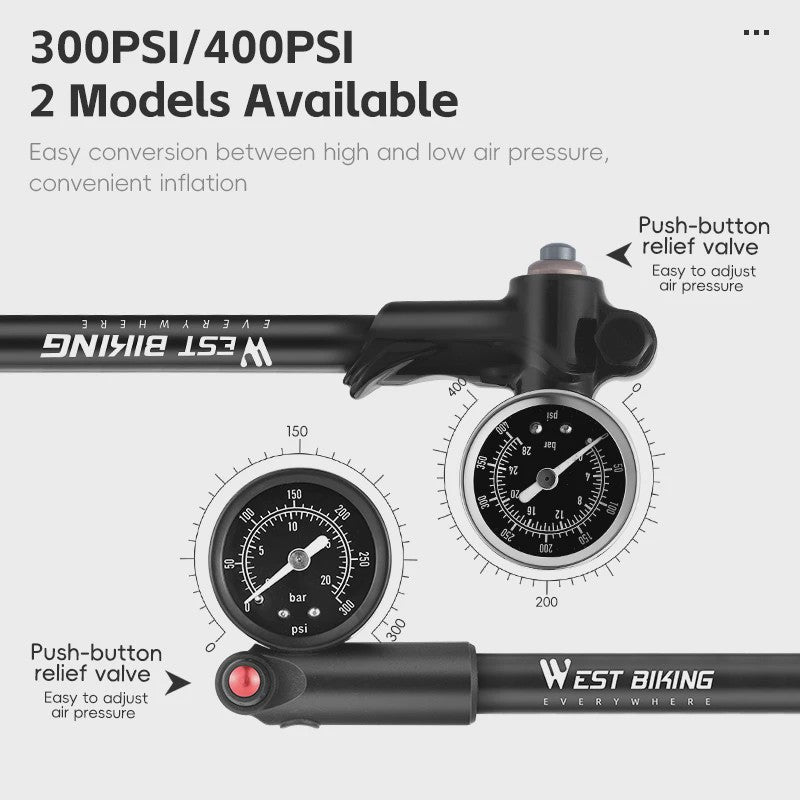 WEST BIKING Hoge Druk Fiets Pomp 300/400PSI met Manometer - Draagbaar voor Voorvork