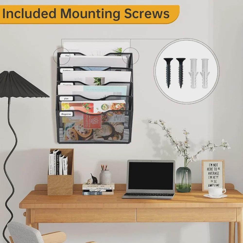 5-Vaks A4 Wand Organizer Mesh Documentenhouder Zwart Metaal