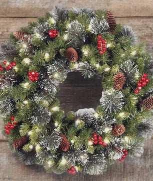 Luxe Kerstkrans met LED Verlichting, Pijnbomen en Rode Bessen - 40cm