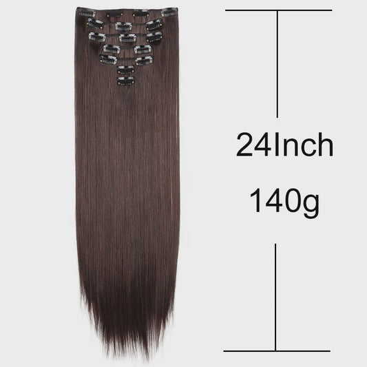 24 Inch Synthetische Haarverlenging met Clips - 7 Delig Set - Lang Steil Haarstuk voor Dames
