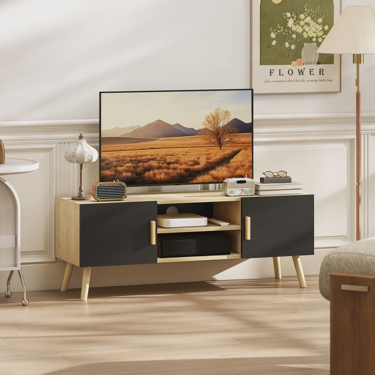 HOMCOM Furniture TV Furniture TV drink TV bench up to 50 inch with shelves, 2 closets and cable passes for living room, bedroom, 110x42 cm, oak and black