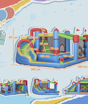Outsunny Opblaasbaar Kasteel met Zwembad - 390x300x197 cm - Kleurrijk Plezier voor Kinderen