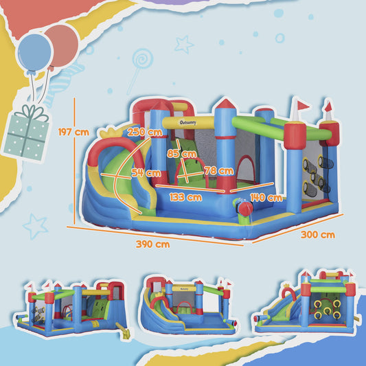 Outsunny Opblaasbaar Kasteel met Zwembad - 390x300x197 cm - Kleurrijk Plezier voor Kinderen