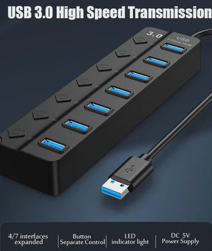 USB 3.0 Hub met 7 Poorten en Individuele Schakelaars - Uitbreidingsstation voor PC en Laptop