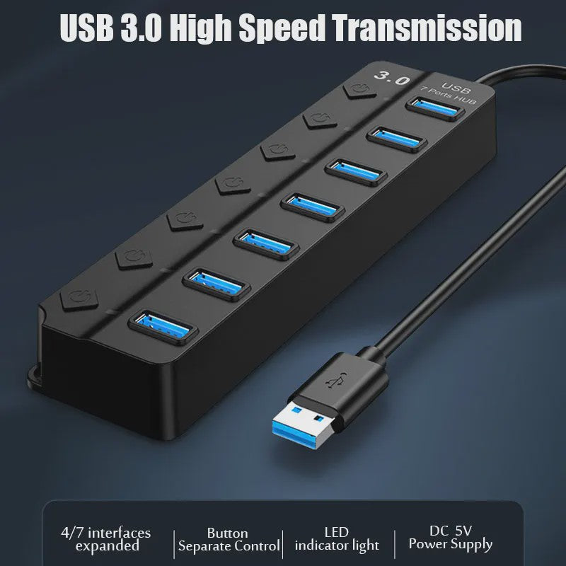 USB 3.0 Hub met 7 Poorten en Individuele Schakelaars - Uitbreidingsstation voor PC en Laptop