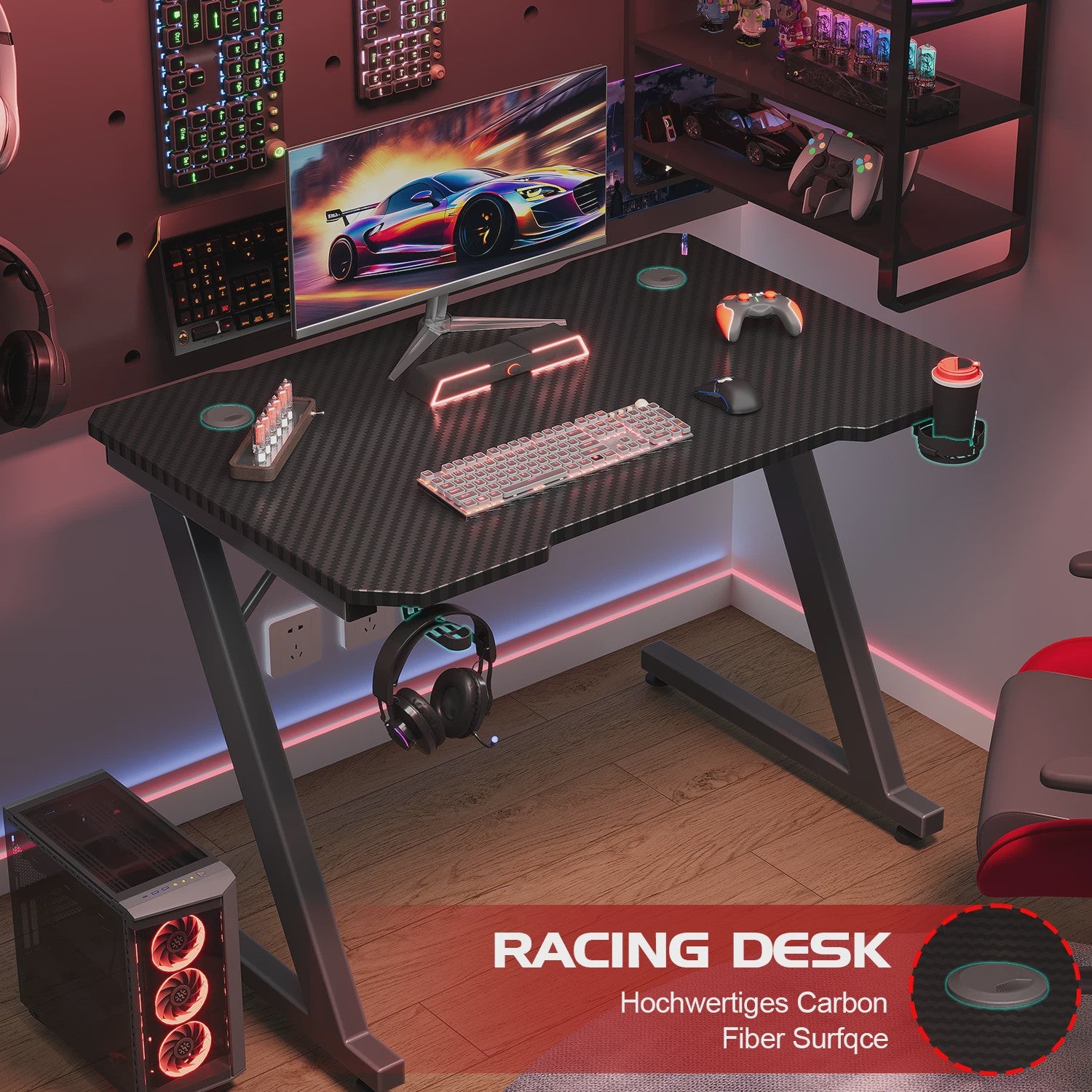 Devoko Gaming Bureau 120x60 cm met Hoofdtelefoonhaak en Carbon Fiber Afwerking