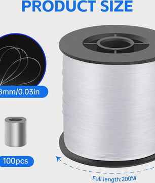 Sterk Nylon Draad 0.8mm x 200m - Transparant Ophangkoord met 100 Aluminium Krimpkokers