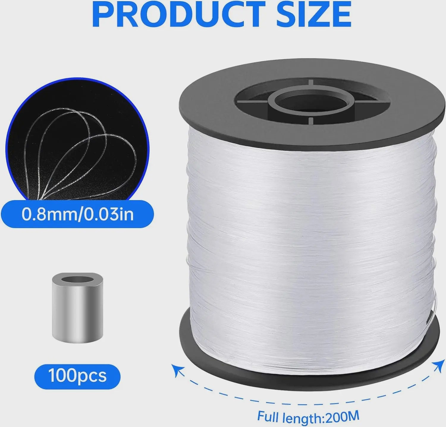 Sterk Nylon Draad 0.8mm x 200m - Transparant Ophangkoord met 100 Aluminium Krimpkokers