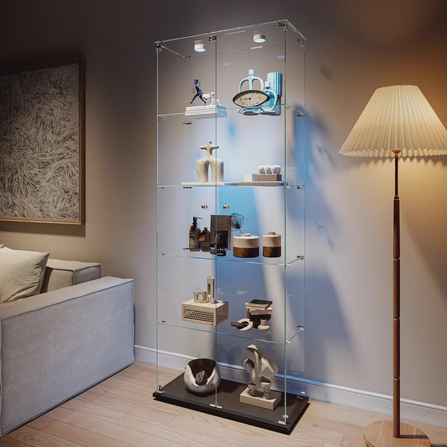 Moderne Glazen Vitrinekast met LED Verlichting - 5 Lagen, 2 Deuren