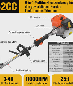 CONENTOOL 6-in-1 Benzine Bosmaaier met Kettingzaag & Heggenschaar - 52cc Krachtig Tuingereedschap