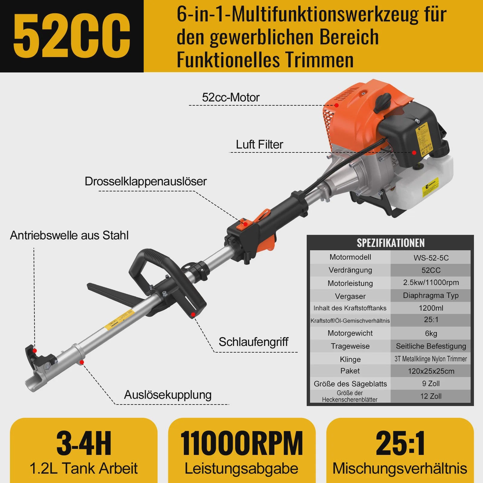 CONENTOOL 6-in-1 Benzine Bosmaaier met Kettingzaag & Heggenschaar - 52cc Krachtig Tuingereedschap