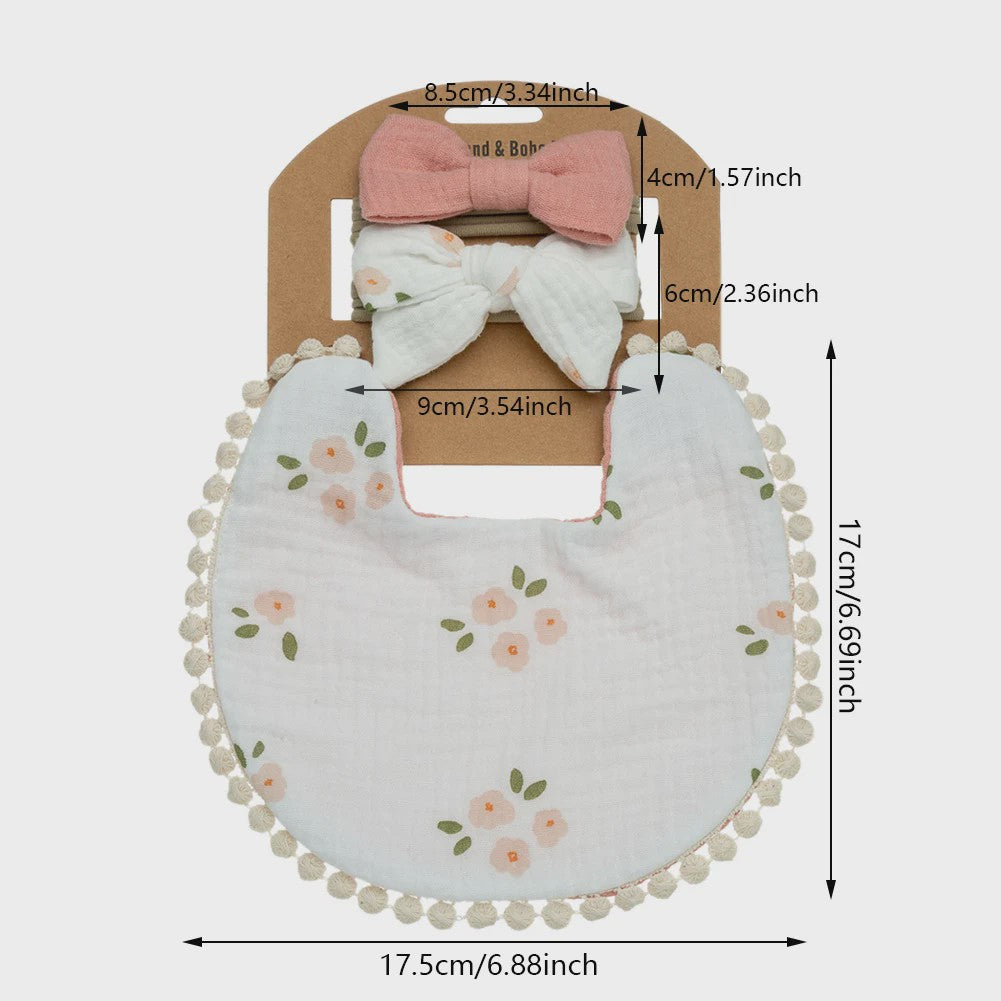 Babyset: 3x Babyluiers met Strik Haarbandjes - Bloemenprint & Pompons