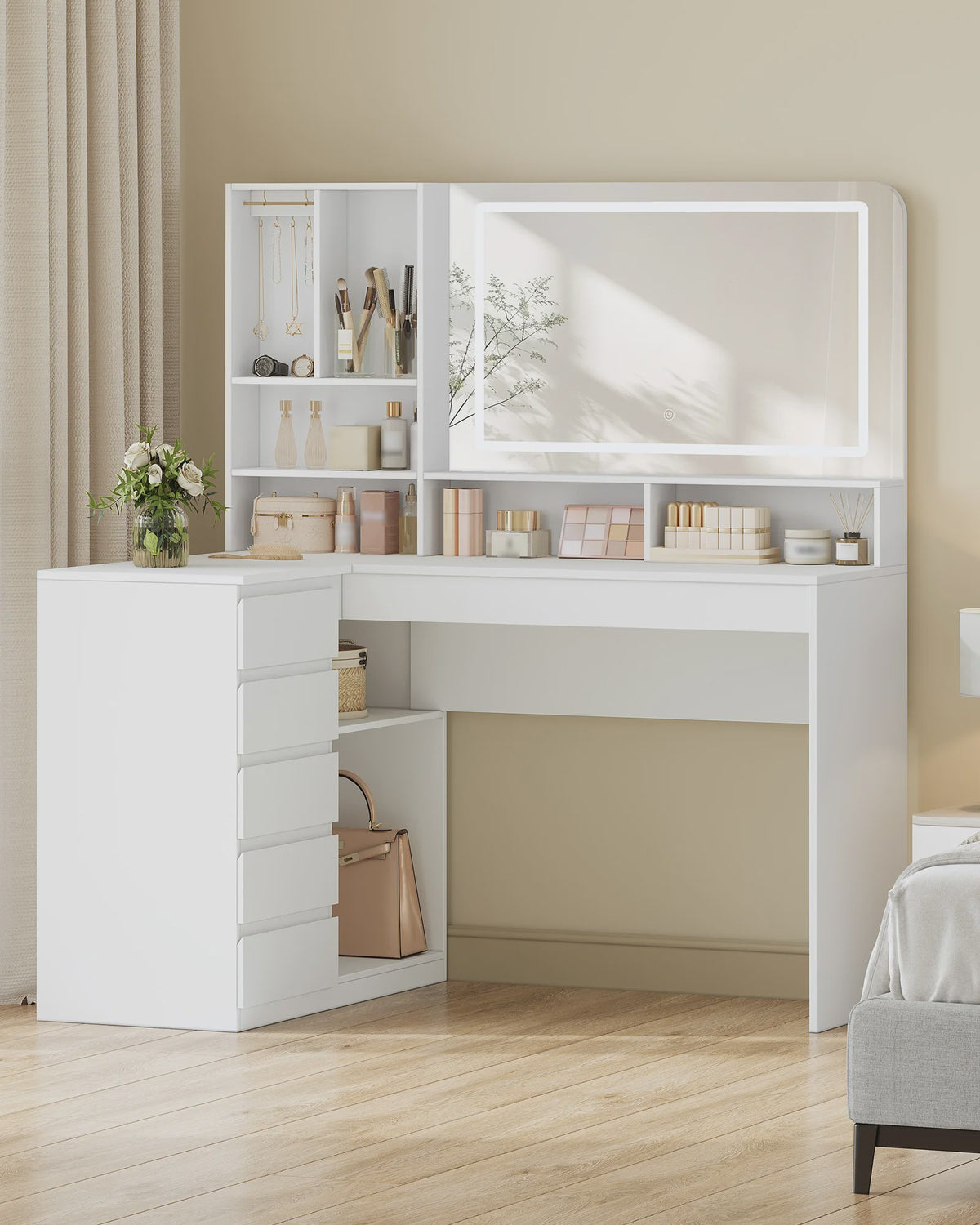 L-vormige Kaptafel met Groot LED Spiegel, Lades en Open Vakken - Wit