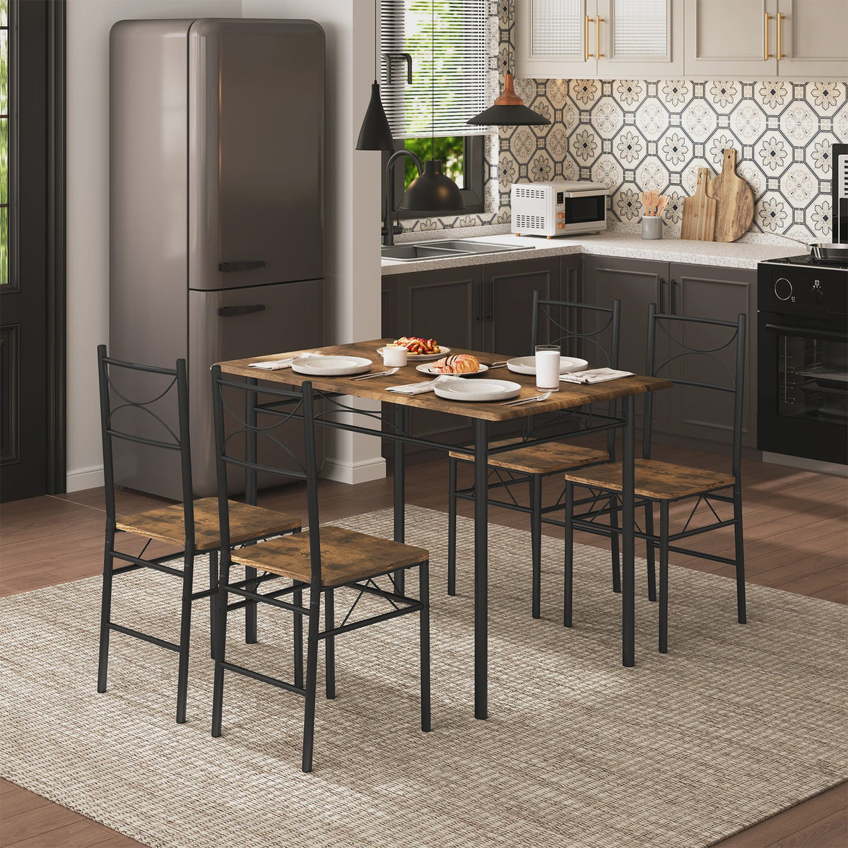 Eetkamer Set: Tafel met 4 Stoelen - Metaal Frame - Compact & Stijlvol