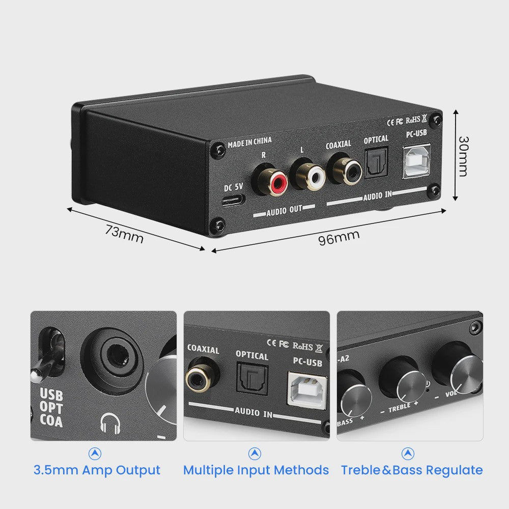 AIYIMA DAC-A2 HiFi DAC & Hoofdtelefoonversterker - USB, Coaxiaal, Optisch