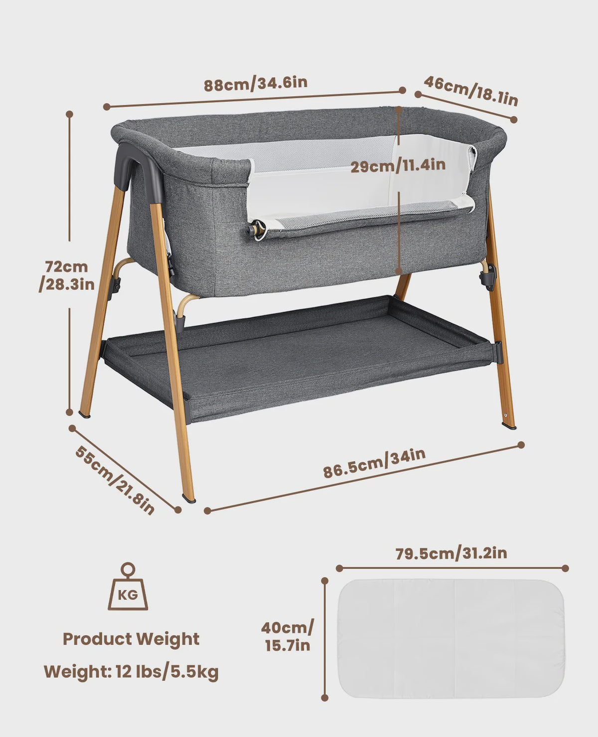 2-in-1 Baby Co-sleeper met Nachtlade en Ademend Mesh - Donkergrijs