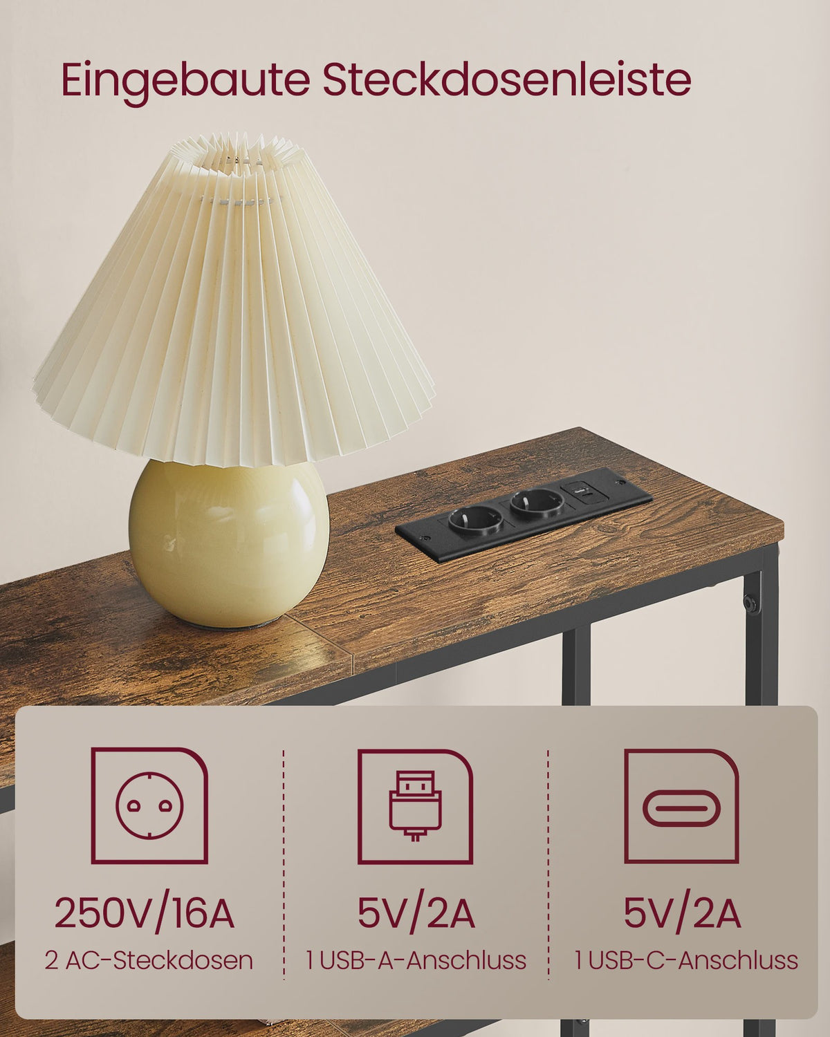 VASAGLE Console Tafel met 2 Planken & Laadstation - 80x20x80 cm - Hal & Woonkamer