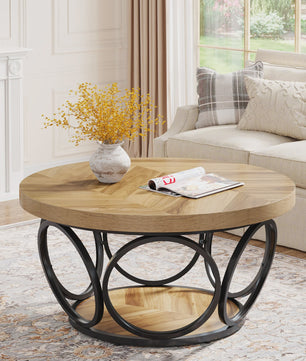 Ronde Houten Salontafel 80cm met 2-Laags Opbergruimte - Landhuisstijl
