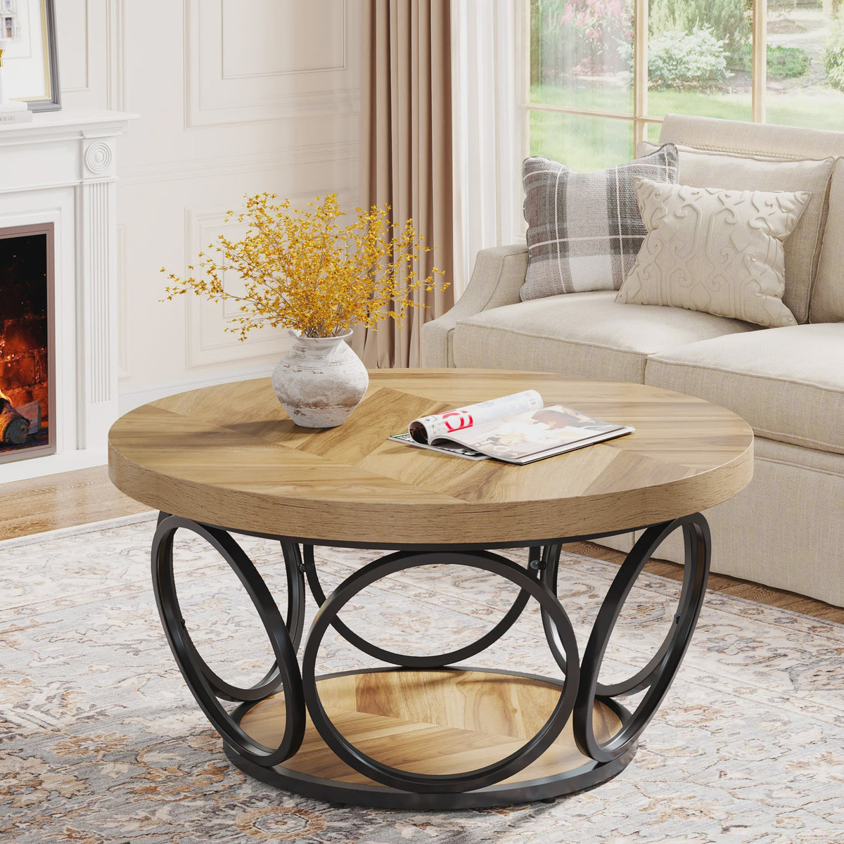Ronde Houten Salontafel 80cm met 2-Laags Opbergruimte - Landhuisstijl