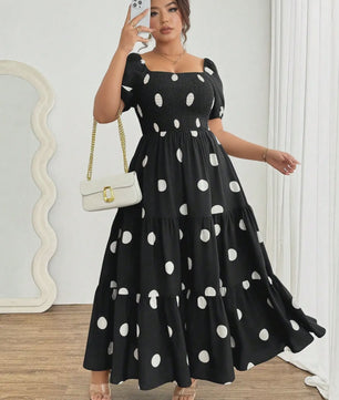 Zwarte Polka Dot Jurk met Pofmouwen en Vierkante Hals - Elegante Zomerjurk voor Dames