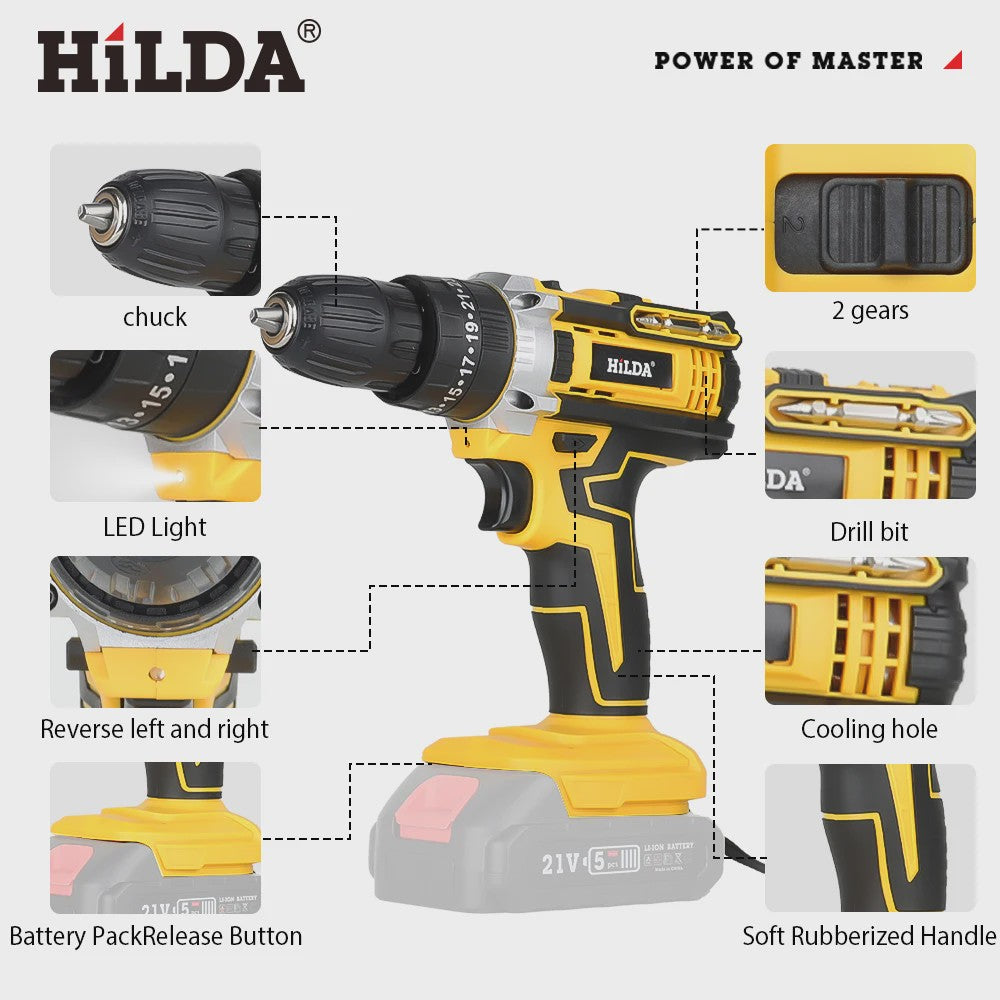 HILDA 21V Accu Schroefmachine met Klopboorfunctie - 25+3 Draaimomenten & 2 Versnellingen