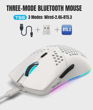 HXSJ T66 Gaming Muis: Draadloos, RGB, 10000DPI, 3 Modi (USB, 2.4G, BT 5.3), Macro Programmeerbaar