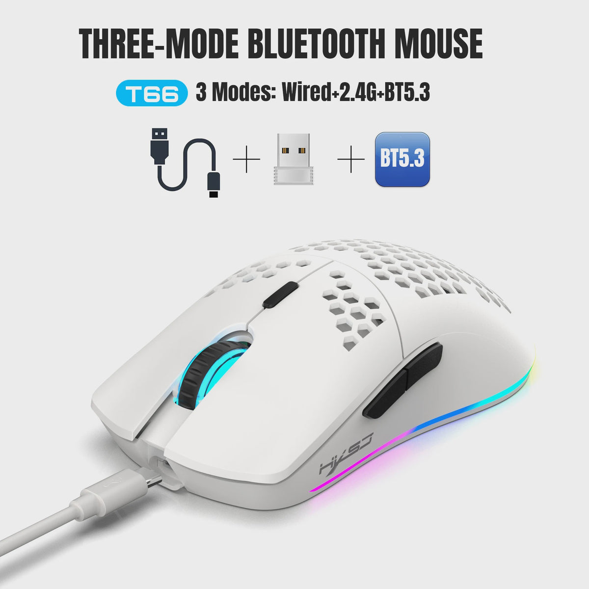 HXSJ T66 Gaming Muis: Draadloos, RGB, 10000DPI, 3 Modi (USB, 2.4G, BT 5.3), Macro Programmeerbaar
