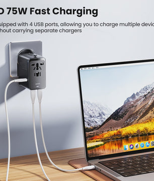 Toocki GaN 75W Universele Reisadapter: Wereldwijd opladen met 1 AC, 1 USB & 2 Type-C (45W PD)