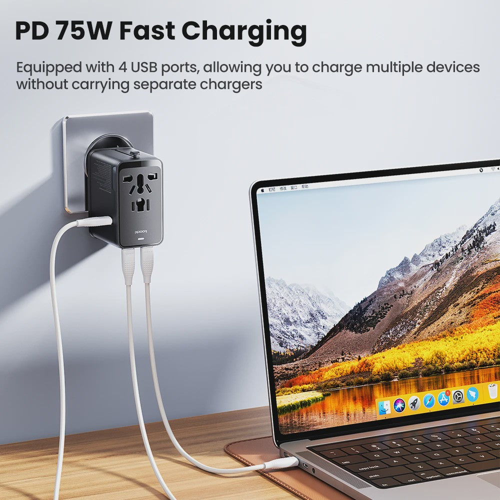 Toocki GaN 75W Universele Reisadapter: Wereldwijd opladen met 1 AC, 1 USB & 2 Type-C (45W PD)