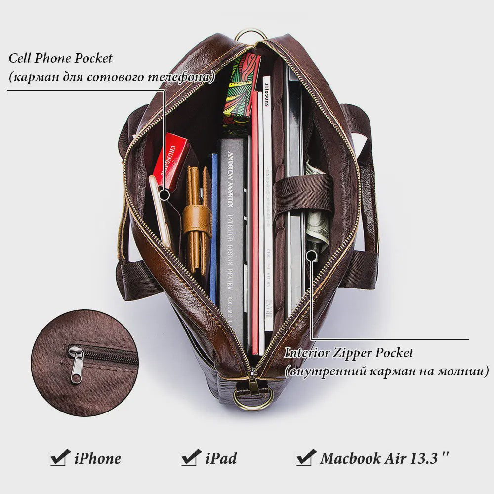 Luxe Leren Aktetas Heren - Draagbare Laptoptas & Schoudertas voor Kantoor en Reizen