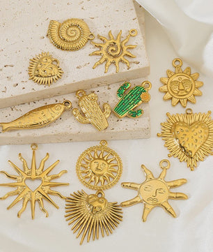 Set van 4 Gouden Bedeltjes: Zon, Hart, Schelp, Vis & Cactus - Roestvrij Staal 18k Goud PVD - DIY Sieraden Maken