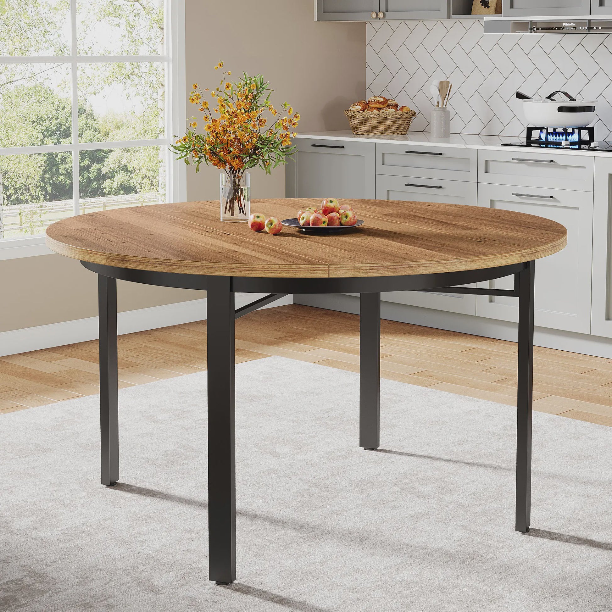 Ronde Eettafel 118cm - Rustiek Bruin & Zwart - Farmhouse Keukentafel met Metalen Poten