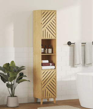 Smalle Bamboe Badkamerkast met Deuren, Open Vakken en Verstelbare Planken - 32x30x170 cm