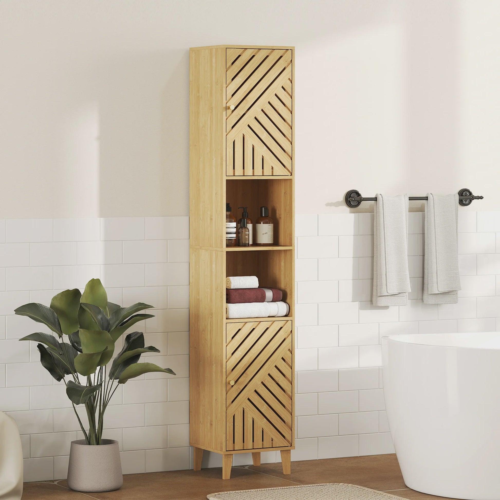 Smalle Bamboe Badkamerkast met Deuren, Open Vakken en Verstelbare Planken - 32x30x170 cm