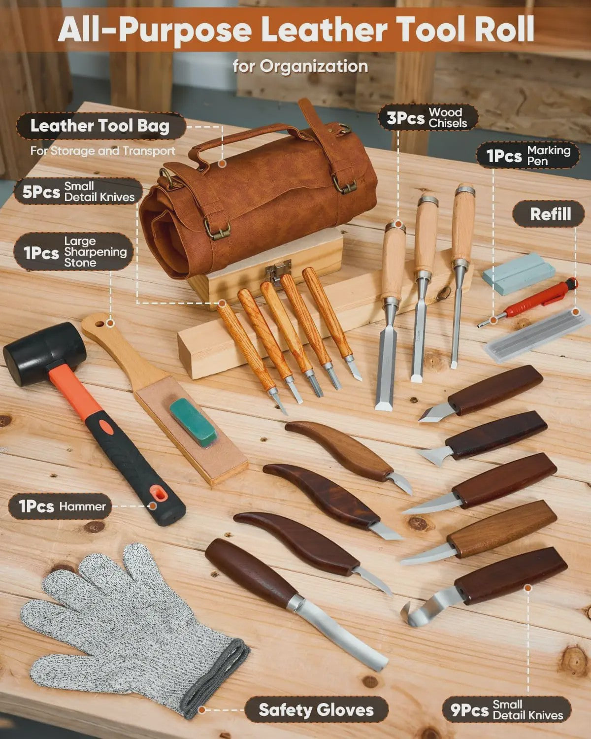 Compleet Houtsnijgereedschap Set (25 Delig) - Ideaal voor Beginners en Hobbyisten
