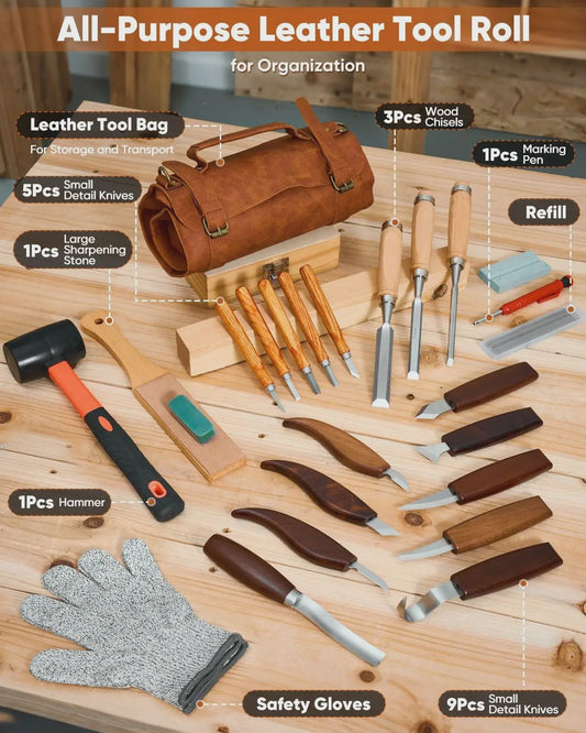Compleet Houtsnijgereedschap Set (25 Delig) - Ideaal voor Beginners en Hobbyisten