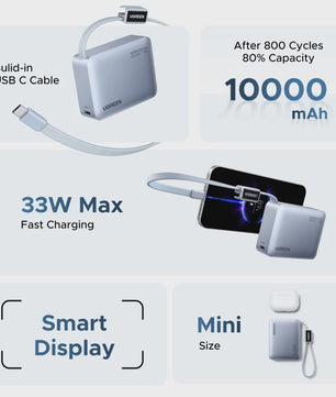 UGREEN Mini Powerbank 10000mAh met Ingebouwde USB-C Kabel - 33W PD Snelladen