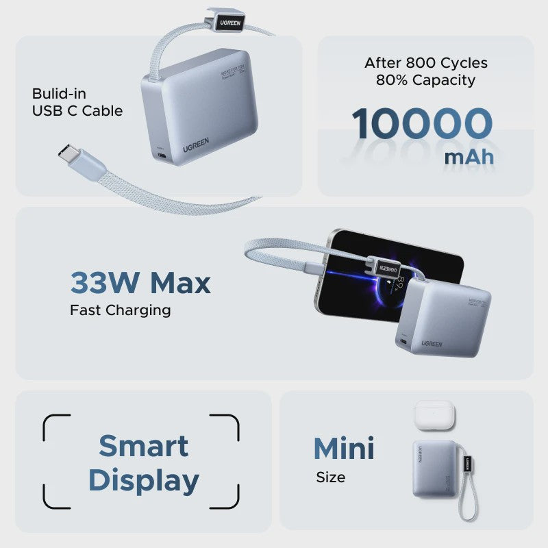 UGREEN Mini Powerbank 10000mAh met Ingebouwde USB-C Kabel - 33W PD Snelladen