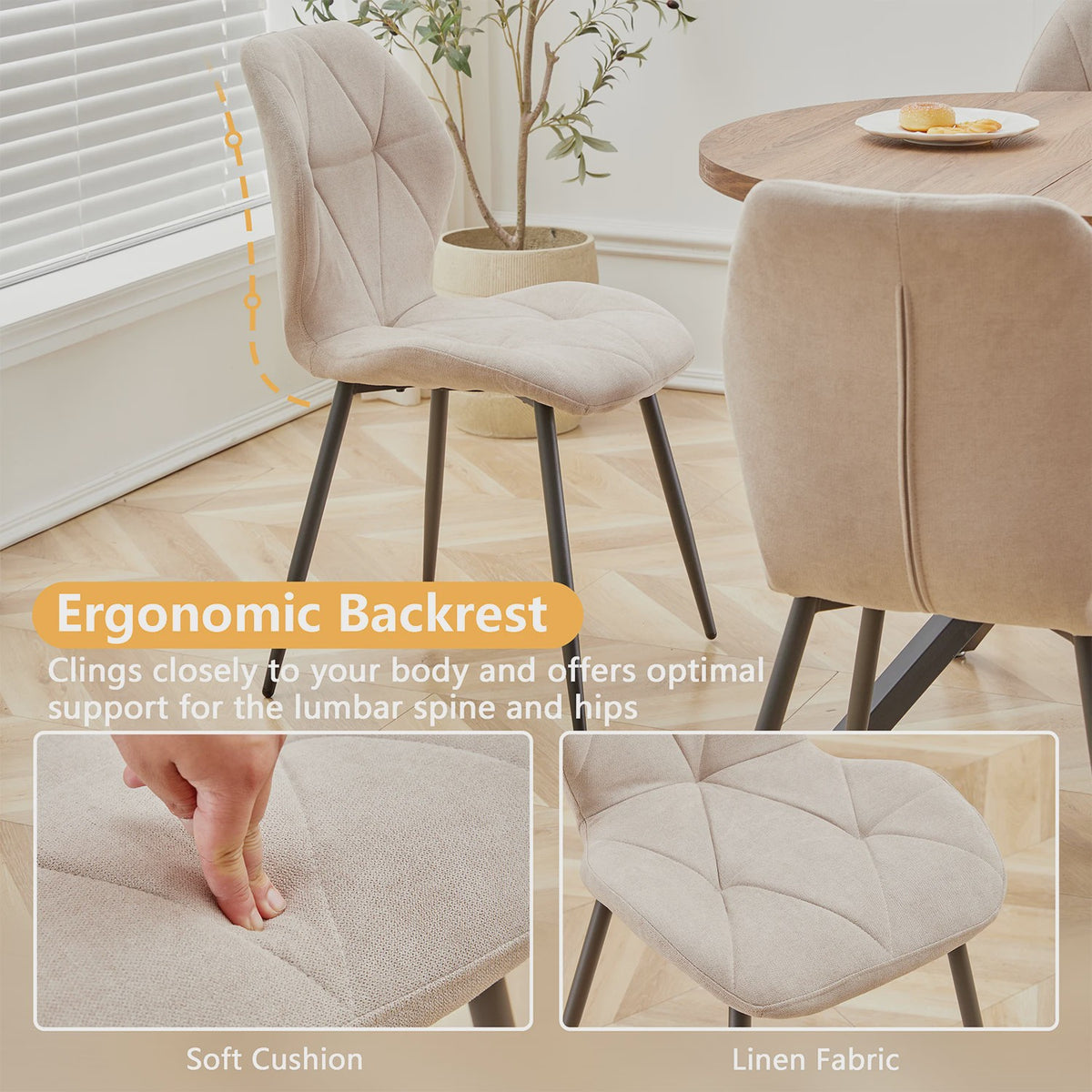 Set van 2, 4 of 6 Eetkamerstoelen - Gestoffeerd, Gewatteerd Linnenlook Stof, Metalen Poten