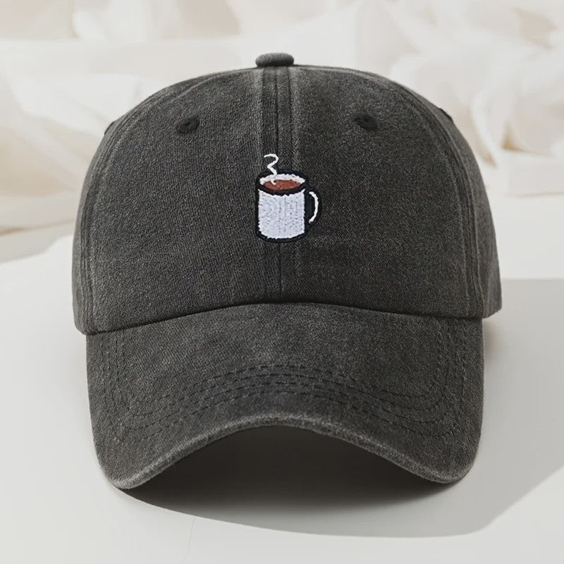 Retro Gewassen Baseball Cap met Koffiekopje Borduurwerk - Verstelbaar & Casual