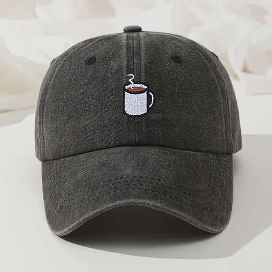 Retro Gewassen Baseball Cap met Koffiekopje Borduurwerk - Verstelbaar & Casual
