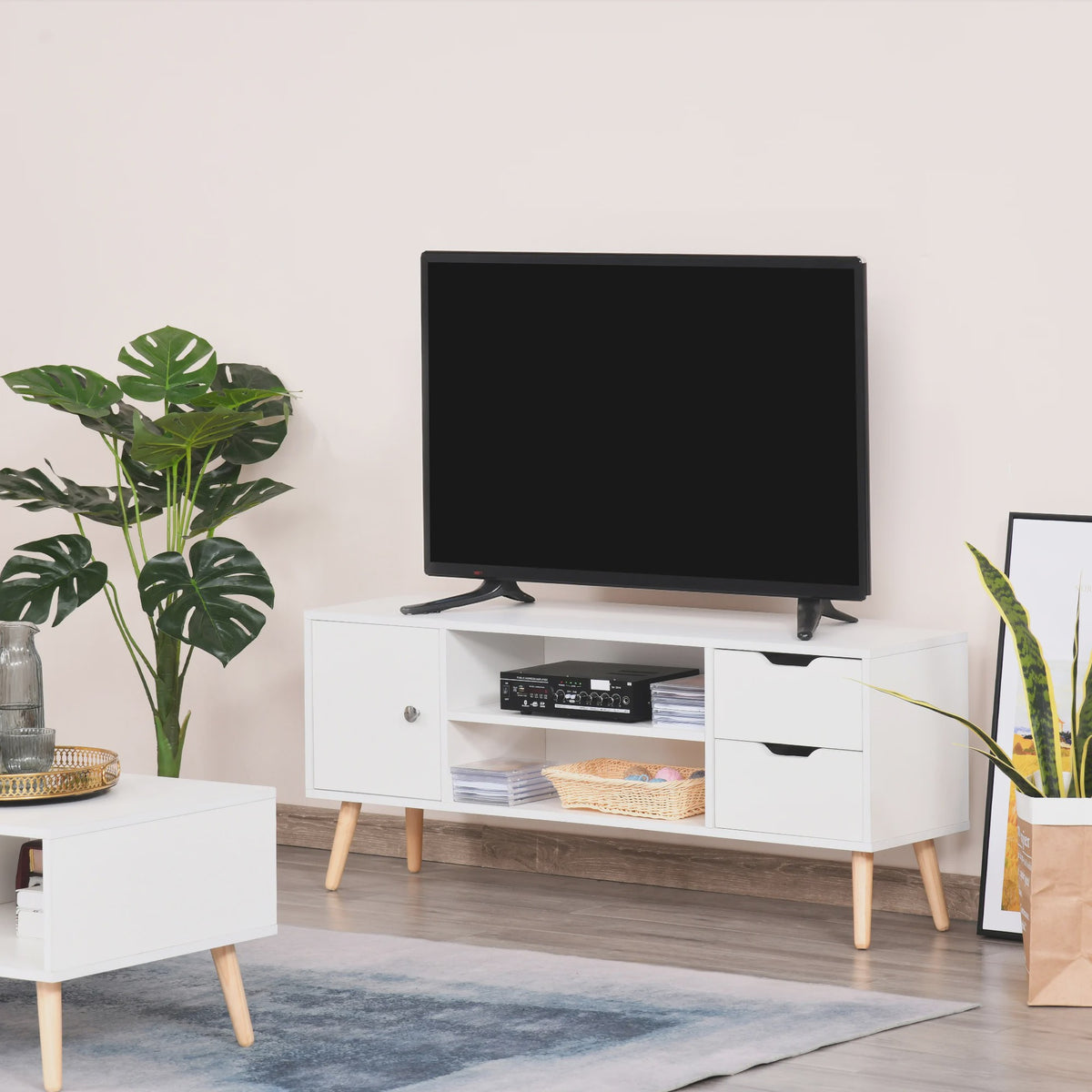 Scandinavisch TV-meubel met Opbergruimte, 2 Nissen en 2 Lades - Wit/Houtkleur